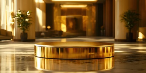 A gold object sits on a marble floor in a large room with plants