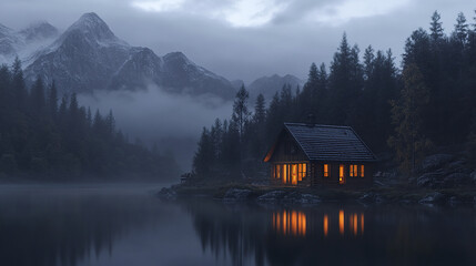 Fototapeta premium serene cabin by misty lake with mountains in background