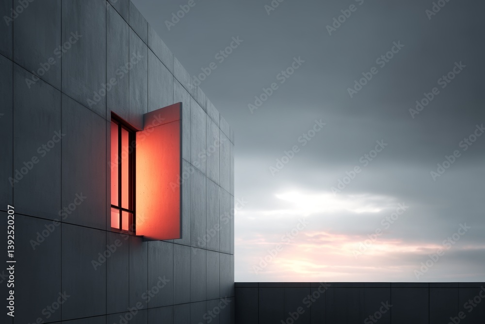 Poster this stock image features a modern architecture building lit up by the soft, golden light of a sunse