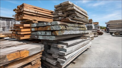 Fototapeta premium Weathered planks rest in tall piles, each piece telling a story and ready for creative reuse.