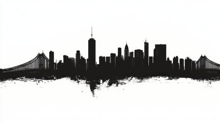 Naklejka premium Dramatic black silhouette of a city skyline with bridges, resting above a textured, dark smudge effect. Modern and striking