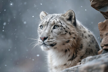 Fototapeta premium Close-up of a snow leopard with snow falling gently around, highlighting its piercing gaze and thick fur.