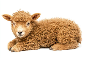 a sheep laying down on a white surface