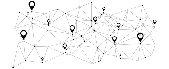 Connected Network with Location Markers on White Background