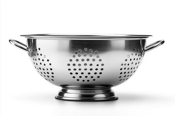 Clean, shiny stainless steel colander with side handles, isolated on a white background for kitchen use.

