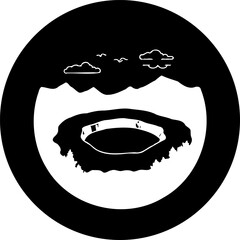 Circular symbolic representation of a volcanic crater landscape, minimalist icon © Rahma