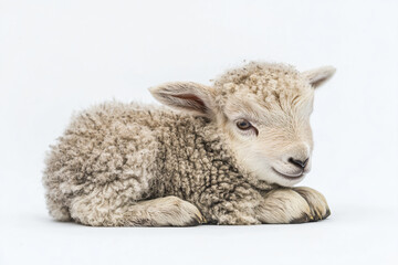 a sheep laying down on a white surface