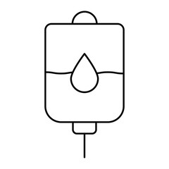Minimalist black outline of an IV bag with a drop symbol, representing intravenous therapy, blood donation, or fluid treatment. IV bag icon. Vector illustration