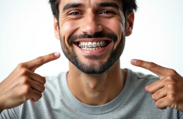 Fototapeta premium Smiling man points fingers at his dental braces. Close-up portrait of happy male with perfect white teeth, orthodontic treatment. Positive emotion, smile, dental care. Healthcare, dentistry concept.