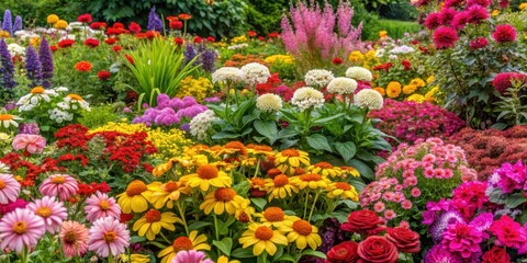 Naklejka premium Beautifully designed flower bed featuring a mix of annuals and perennials in shades of pink, yellow, orange