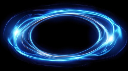 Abstract glowing blue light effect with swirling ring on dark background, vector illustration of oval and circular luminous shapes. Shiny dynamic lines isolated on black backdrop for tech, futuristic,