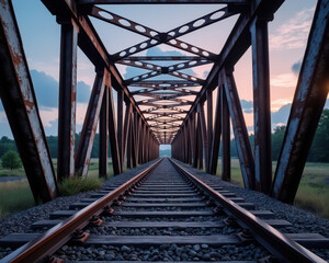 Rustic railway bridge under a colorful sky at sunset.