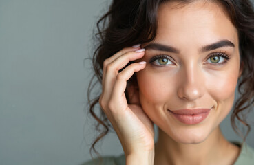 Fototapeta premium Close-up of young woman face with green eyes smiling. Natural makeup on skin, healthy looking face. Focus on eyes. Beauty, cosmetics and aesthetic concept.