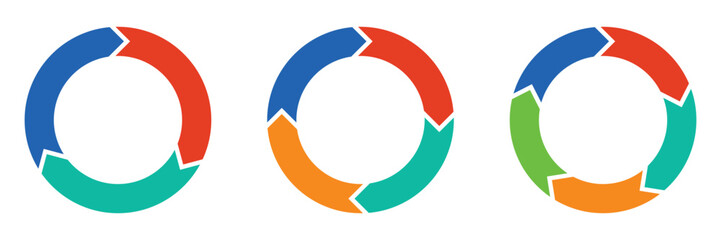 colorful infographic pie chart collection. circular flowcharts for data visualization , business presentation and reports. circle with arrows vector icon set. infographic element. vector illustration