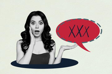 3D photo collage template artwork composite of shocked face young lady smile hand show email speech...