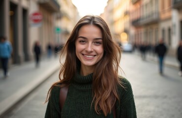 Smiling young woman portrait on city street. Happy, cheerful, attractive female with nice expression and looking at camera. Joyful, smiling Spanish girl posing outdoor at photo.