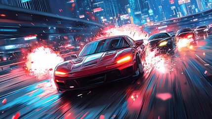 Fototapeta premium Futuristic anime sports cars racing through the tokyo expressway
