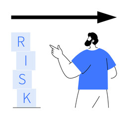 Person gesturing toward stacked risk blocks and bold arrow overhead. Ideal for strategy, growth, decision-making, business risk, leadership, future planning, abstract line flat metaphor