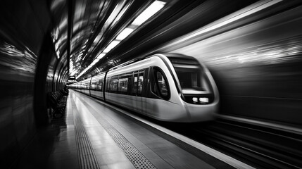 Obraz premium Subway train speeding through a tunnel in black and white with motion blur and perspective view