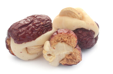 Macadamia nuts isolated on white background - stock photo	
