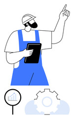 Worker in a hard hat and overalls holds tablet, pointing upward. Below are a magnifier with a bar graph and a gear icon. Ideal for construction, management, innovation, planning, teamwork, analytics