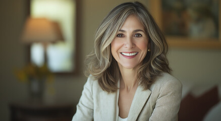 Mulher sorridente, retrato em ambiente empresarial, profissional confiante, iluminação quente, fundo com foco suave