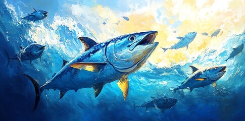 Powerful tuna fish swimming in vibrant ocean waves, depicted in a dynamic painting style.  Great for marine life and nature-themed projects.