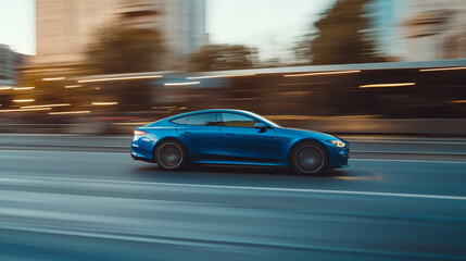 Obraz premium Blue sedan car speeding on a city street with blurred background and motion effect on the road surface