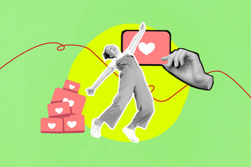 Banner pop collage of person getting many likes on green background