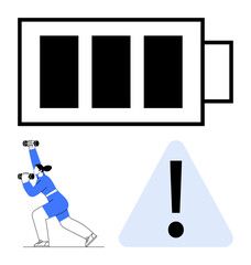 Large battery icon with low charge, exclamation warning symbol, and a figure holding binoculars seeking solutions. Ideal for energy, stress, problem-solving, crisis, alertness, goals productivity