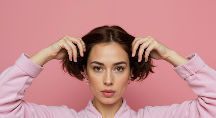 Fototapeta premium Young woman in pink hoodie touching short dark hair against pink background. Hair care, styling products, salon services concept. Fashion, lifestyle, self-care.