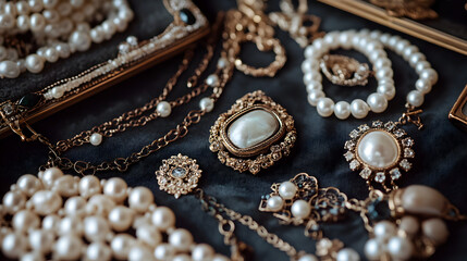 display of mixed jewelry items such as antique lockets, pearl bracelets, and delicate chains arranged artistically on a satin surface 