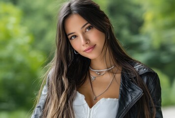 an attractive young woman in a leather blazer and white top, touching her face with her hands, posing for a photo shoot on the street