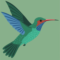 Obraz premium Colorful vector illustration of a flying Honduran emerald hummingbird with sparkling blue-green feathers and a vibrant red-orange beak.