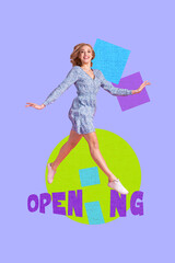 Creative image collage of girl running enjoying text opening news