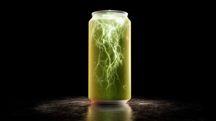 The energy drink can pulses with electric vibes, lightning streaks dancing across its glowing surface.


