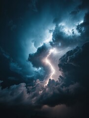 Fototapeta premium Jagged lightning bolt illuminates dark stormy sky, rain streaks visible - pattern abstract seamless design