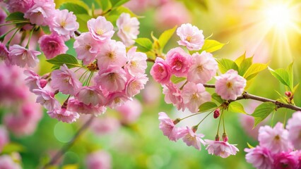 Vibrant green foliage with delicate pink cherry blossoms unfolding petals in a gentle, natural light, pink cherry blossom, flower blooming