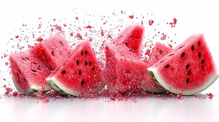 Watermelon Pieces Suspended in Mid-Air with Splash Effect and Graceful Composition