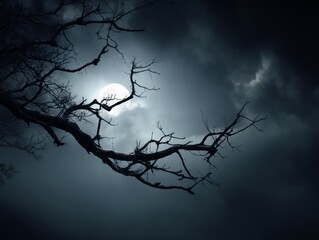 Wind-whipped branches sway wildly, revealing glimpses of a moon hidden by dark clouds - background texture abstract pattern