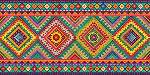 Brightly colored Aztec-inspired geometric patterns, black culture