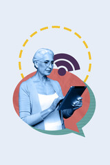 Trend composite banner 3D photo collage of aged woman hand hold tablet type wifi connection hiring entrepreneur business human resources