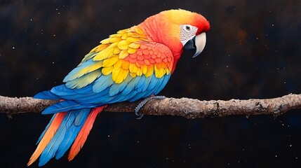 Detailed Watercolor Illustration of a Realistic Scarlet Macaw Perched on a Branch