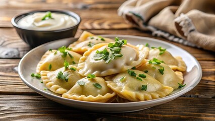 Traditional Polish Pierogi with Sour Cream , restaurant quality, sour cream,  restaurant quality, sour cream