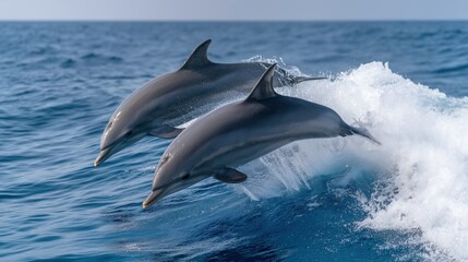 Fototapeta premium In perfect harmony, two dolphins leap over the waves, blending power and elegance in the open sea.