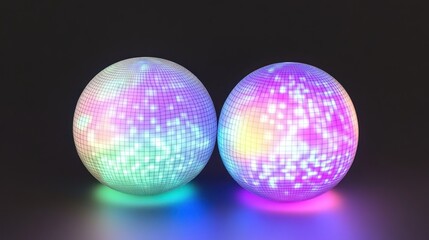 Two colorful disco balls casting lights on the floor