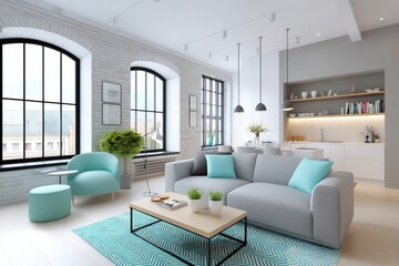 Fototapeta premium A modern loft apartment with industrial decor, exposed bricks, and stylish furniture