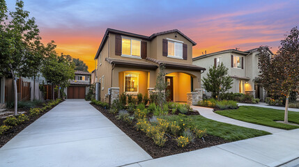 Suburban street with modern homes at sunset, featuring landscaped gardens