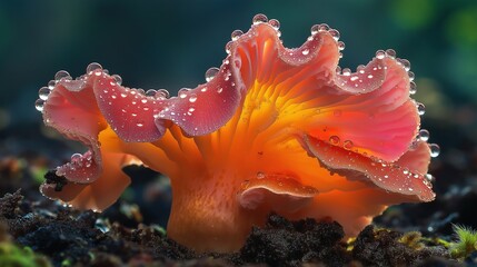 Fantastical mushroom with bioluminescent glow in magical forest clearing, hyper-realistic rendering of iridescent cap textures and water droplets on fertile soil.