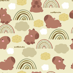 Seamless pattern with clouds, rainbows and capybara. Vector illustration for kids.